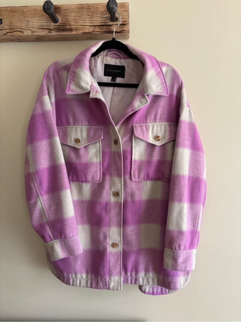 16.) Banana Republic / Pink & White Plaid Button-Front Shacket
